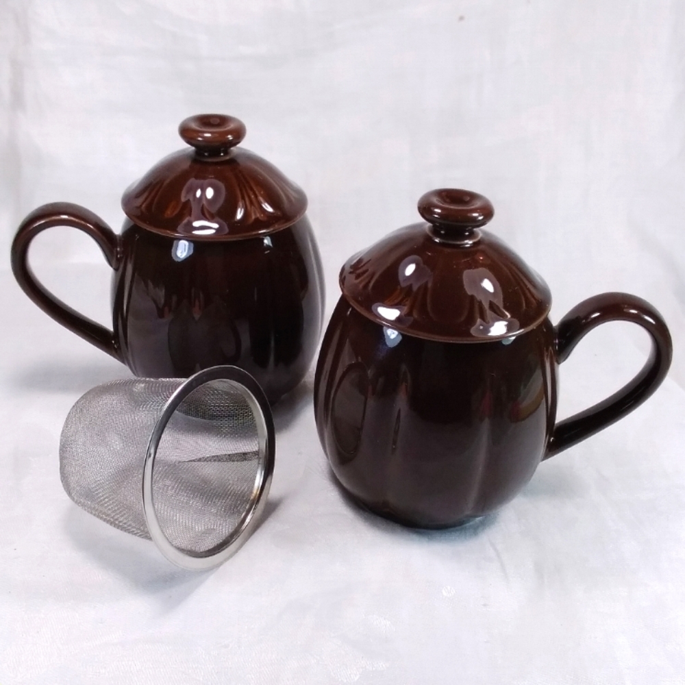 Teavana Brown Tea CUPS Set of 2 with Lids and 1 Infuser Strainer 8 oz Cup Mug